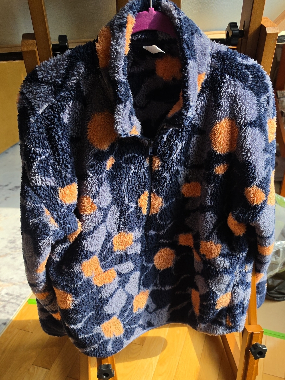 Threads 4 Thought Navy Blue Teddy Jacket with Orange Spots